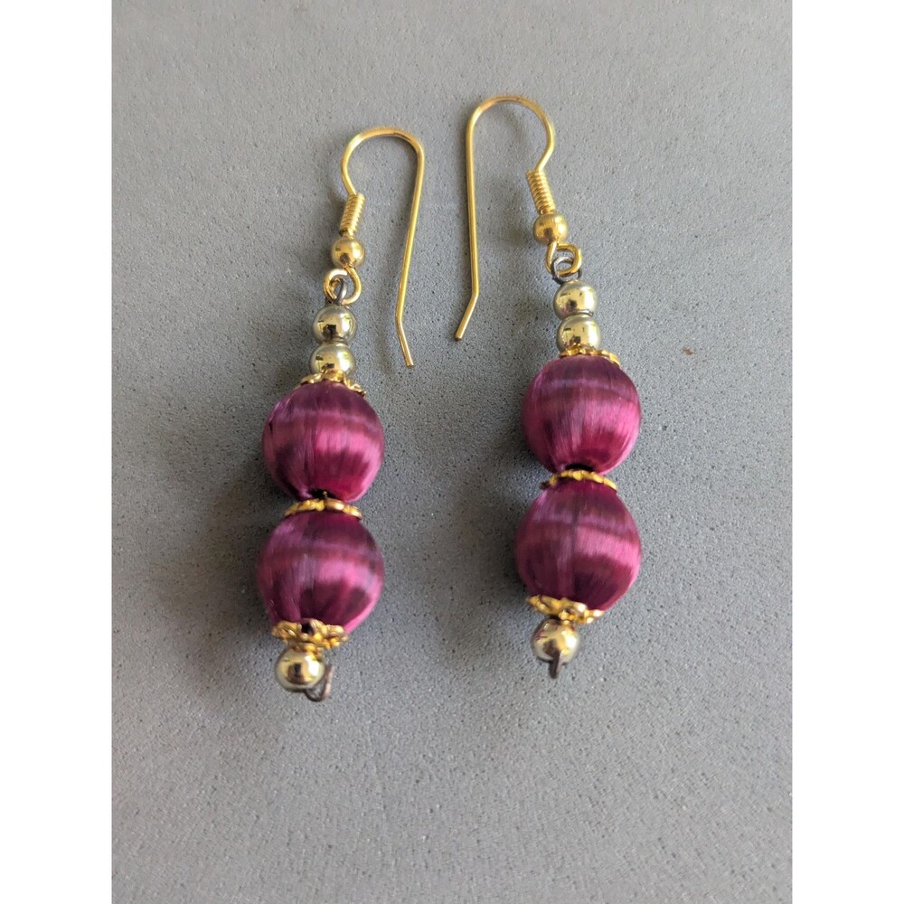 Vintage Plum Silk Thread Wrapped Bead Dangle Earrings – Boho Textile Jewelry